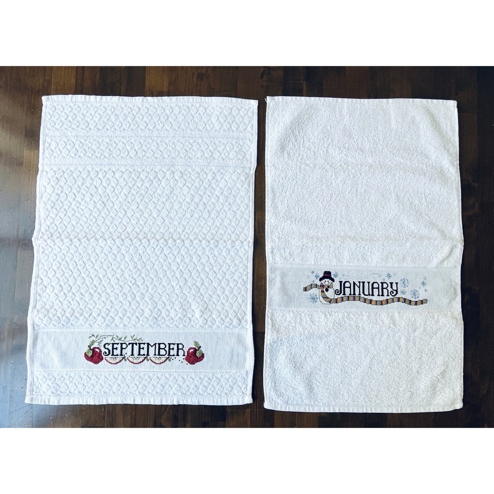 Vtg Cross Stitch Completed All 12 Months of the Year Dish Towels NEW - Picture 6 of 14